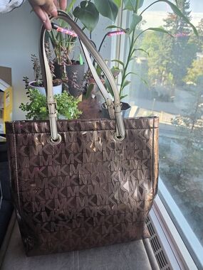 Michael Kors Brown Monogram Tote Bag with Cream Handles